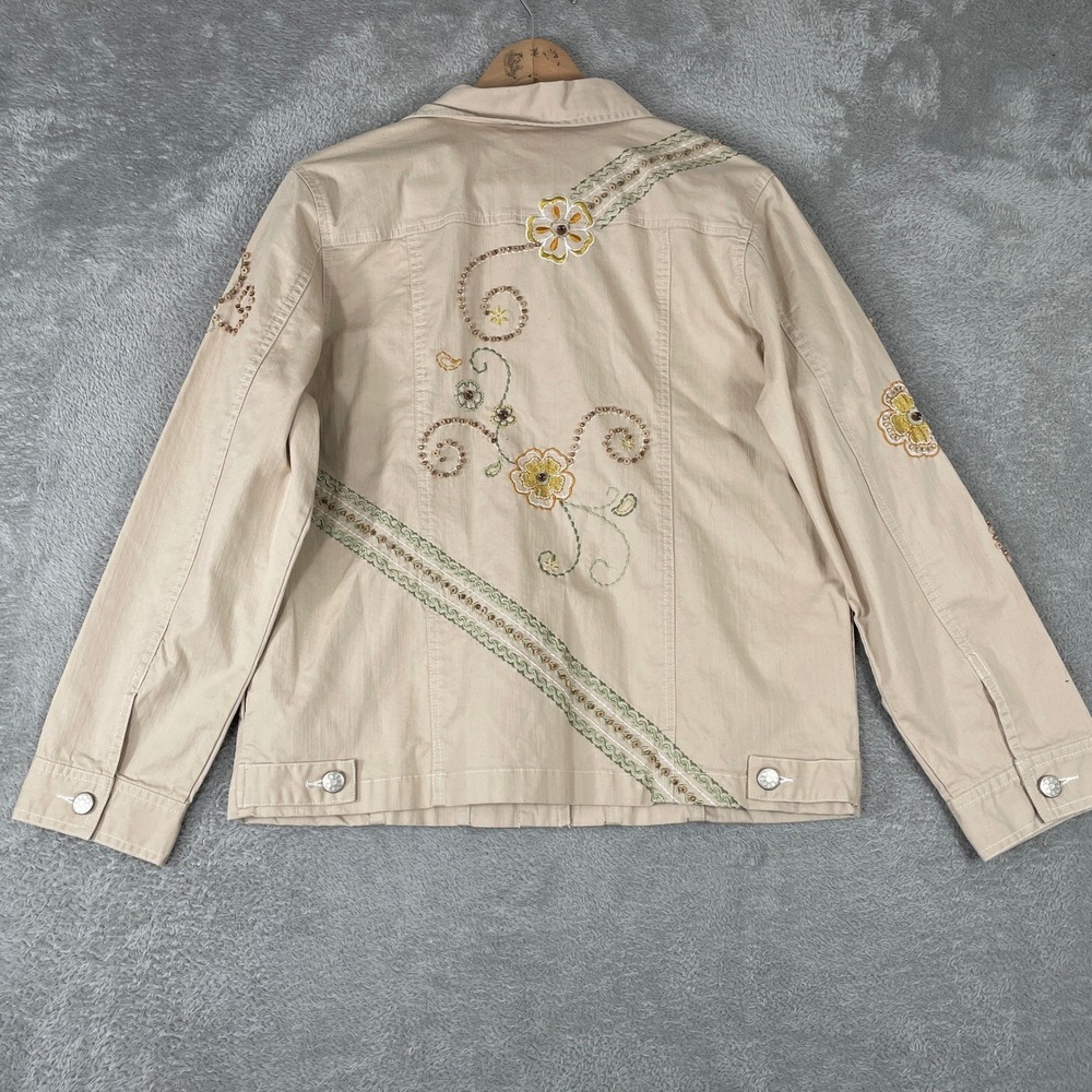 Graff Denim Jacket Womens Medium Tan Floral Embroidered Beaded Boho Art to Wear - Picture 2 of 8